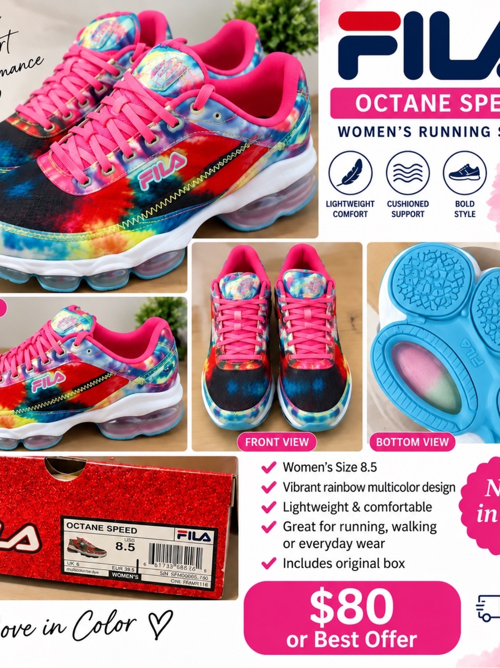 FILA Women's Octane Speed Tie-Dye Running Shoes - Pink, Blue, Red